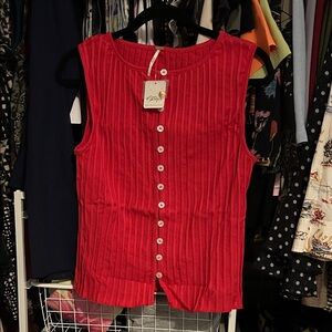 Free People Red Ribbed Button-Front Tank Top